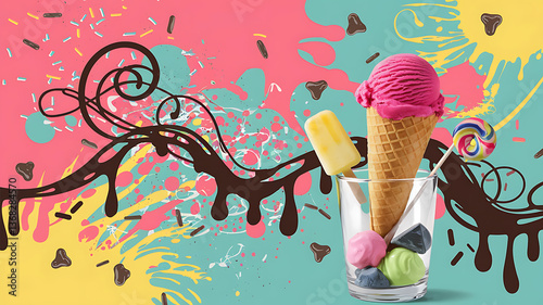 Colorful ice cream treats dripping chocolate summery background