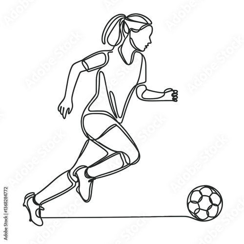 Female soccer player running towards a ball in line drawing style  