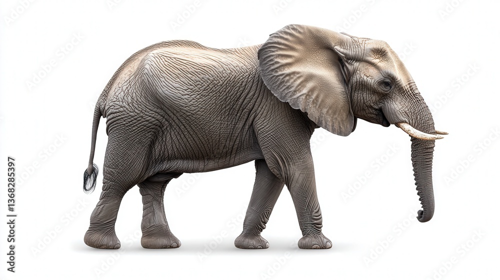 Obraz premium Detailed side view of a majestic African elephant on a plain white background.