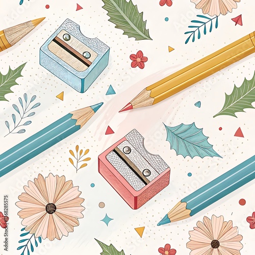 background with pencils and pencil sharpener