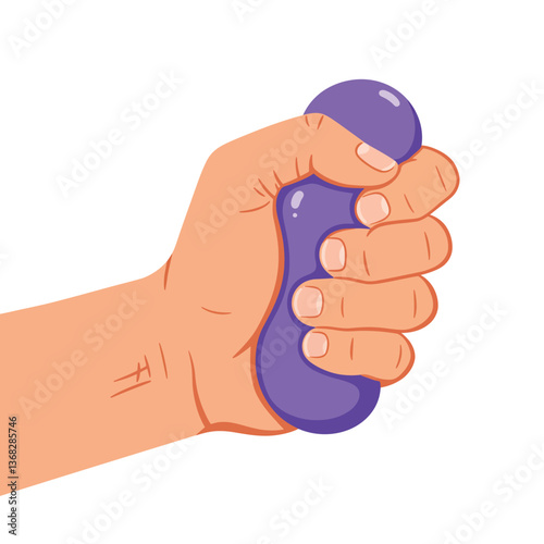 Hand gripping a purple stress ball in flat vector illustration style