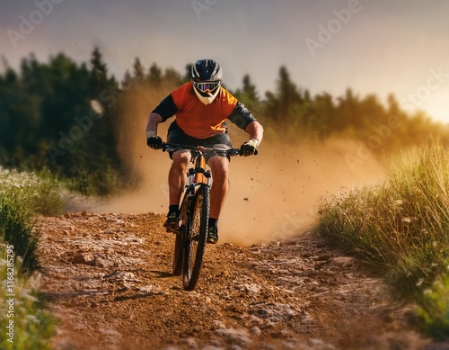 Rider speeds along a dusty trail, showcasing athleticism against a stunning sunset backdrop.