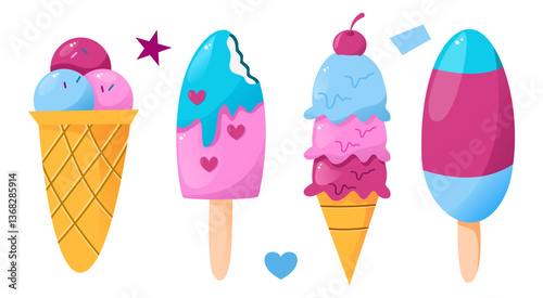 Set ice cream with pink and blue collor