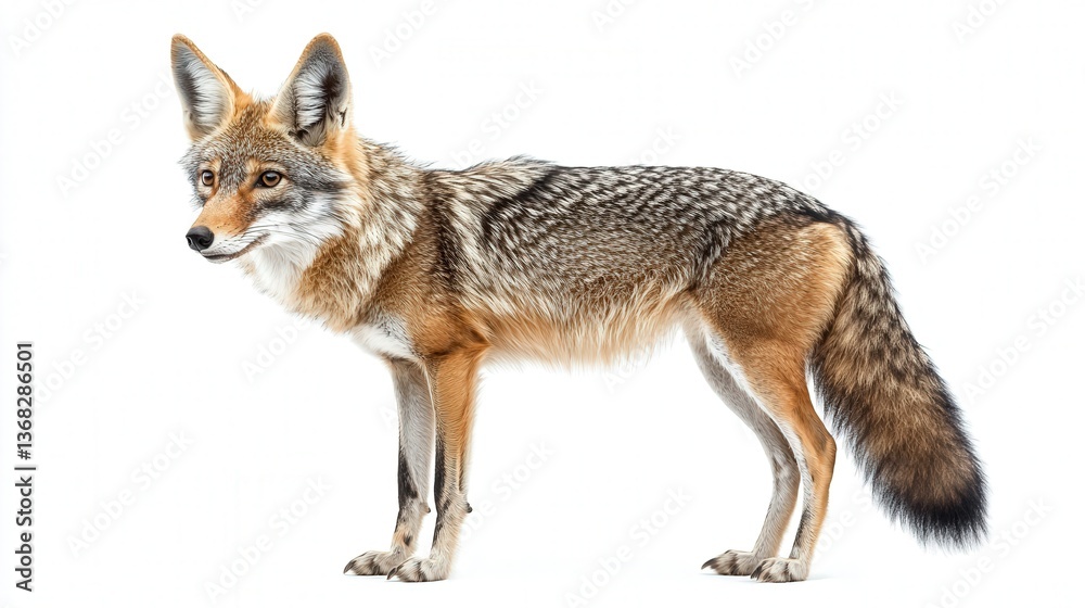 Fototapeta premium Side view of a graceful coyote standing against a white background.