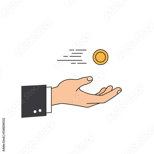 Hand tossing a coin in motion with flat design style vector illustration