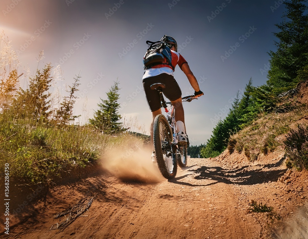 Naklejka premium Rider navigates a dirt trail surrounded by trees, showcasing athleticism and adventure.