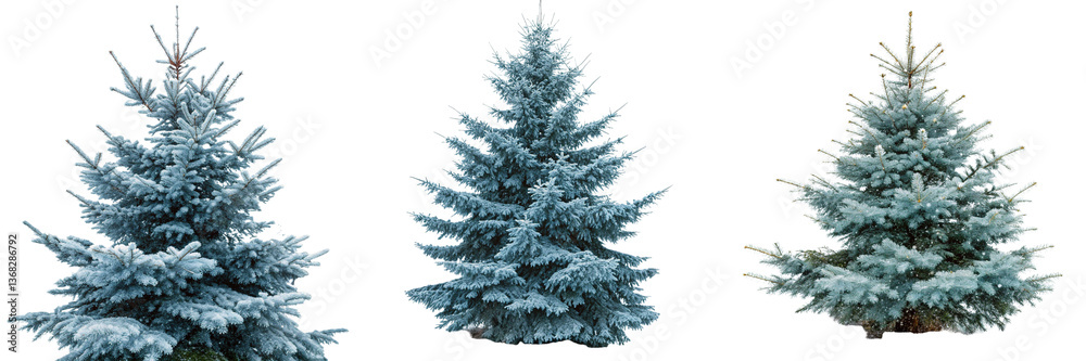 Obraz premium Set of Snow fall in winter forest magic. Blue spruce fir tree branches detail isolated on a transparent background