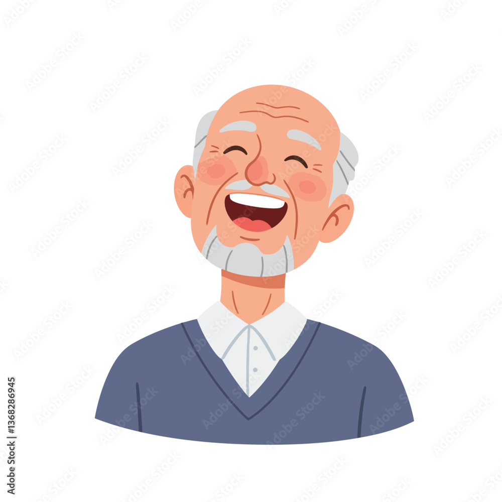 Happy elderly man with gray beard in flat vector art style smiling broadly Happy elderly man with gray beard in flat vector art style smiling broadly