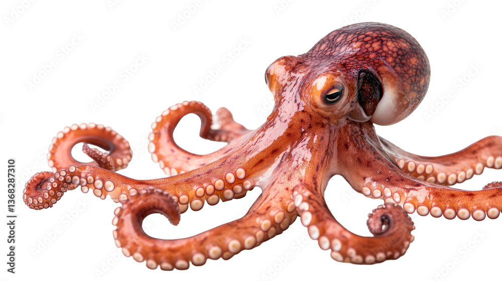 Obraz premium Octopus closeup with eight tentacles, suction cups, orange, cut out transparent