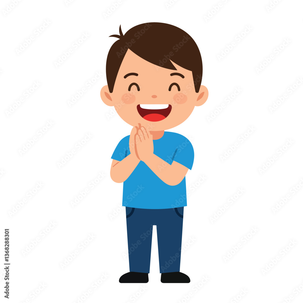 Happy young boy with clasped hands in minimal flat design vector art Happy young boy with clasped hands in minimal flat design vector art