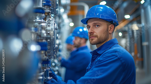 Factory worker in workwear and protective helmet inspects pipeline and generators at liquefied natural gas plant. Factory interior with gas pipeline.