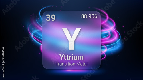 Yttrium (Y) (039) Transition Metal, Glass Morphism Element Futuristic Neon Light Glow Background Periodic Table, Chemical Symbol, Name, Atomic Mass, Atomic Number, Vector Illustration