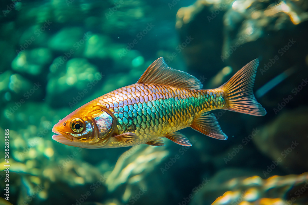 Fototapeta premium Radiant Rainbow Shiner fish shimmering in aquatic sunshine with vivid multihued scales generative AI creation