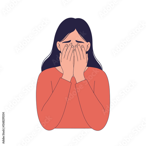 Woman with hands on face expressing sadness in flat vector art