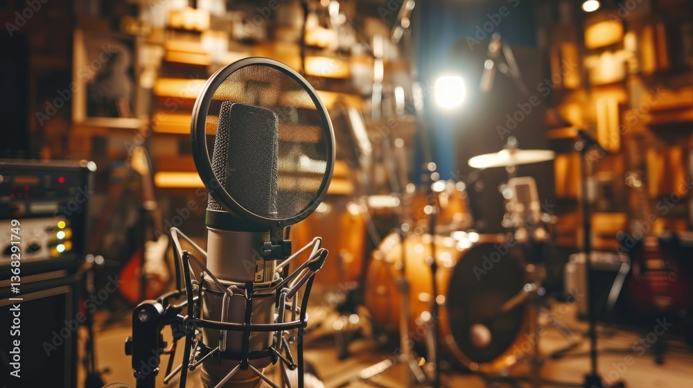 Professional microphone on stands in music studio, sound recording equipment Professional microphone on stands in music studio, sound recording equipment
