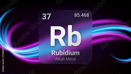 Rubidium (Rb) (037) Alkali Metal, Glass Morphism Element Futuristic Neon Light Glow Background Periodic Table, Chemical Symbol, Name, Atomic Mass, Atomic Number, Vector Illustration