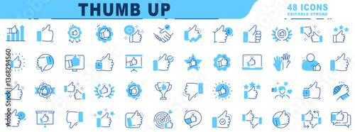 Big set of thumb up related filled line icons. Editable stroke