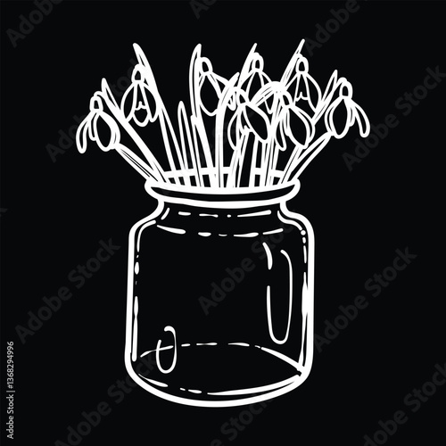 Hand drawn snowdrops bouquet in a jar like vase. White line art of beautiful winter flowers isolated on a black background. Illustration for online and print projects.