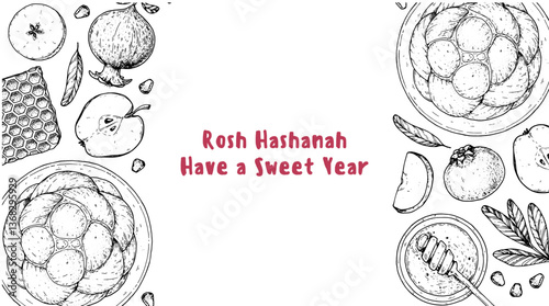 Rosh Hashanah greeting card design template. Hand drawn vector illustration. Jewish new year symbols. Challah bread, apple, pomegranate , honey top view.