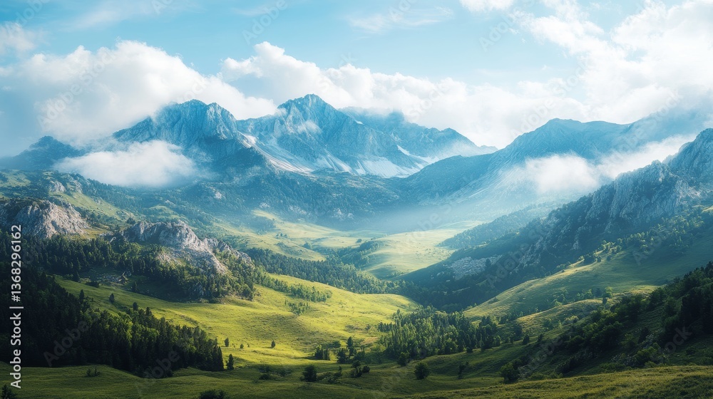 Fototapeta premium Majestic Mountain Range, Serene Valley Landscape