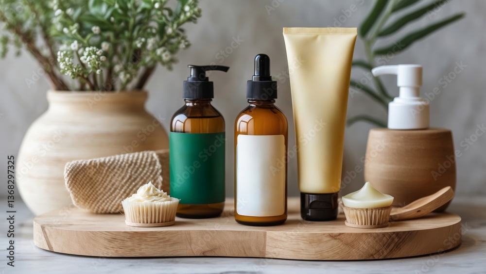 Natural skincare products arranged on a wooden tray with decorative elements in a serene setting Natural skincare products arranged on a wooden tray with decorative elements in a serene setting