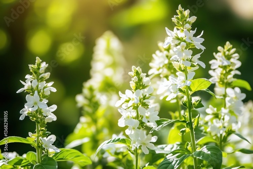Blooming White Basil Flowers Glowing in Sunlight  