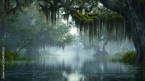 Serene misty swamp with hanging moss and calm water reflections.