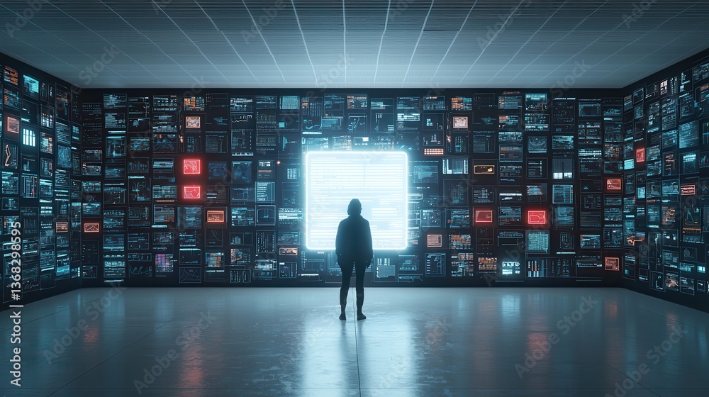 Fototapeta premium Futuristic digital technology interface with illuminated data visualization screens abstract cyberspace and simulated network connection concept modern intelligence and analytics dashboard