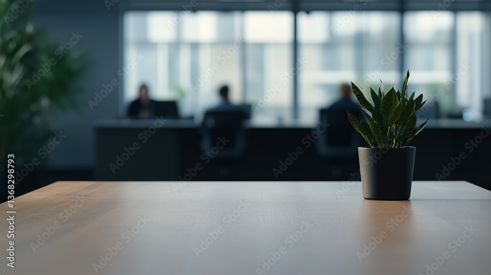 Modern Workspace: The photo highlights a modern workspace, featuring a potted plant on a wooden table, with blurred figures of employees in the background Modern Workspace: The photo highlights a modern workspace, featuring a potted plant on a wooden table, with blurred figures of employees in the background