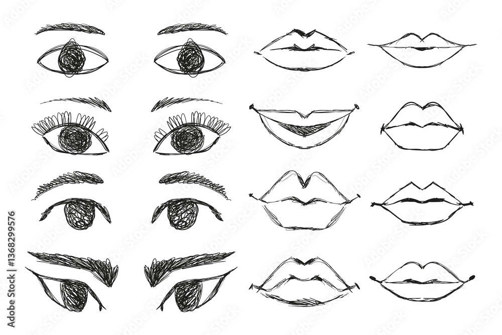 Set of Eyes and Mouths with Lips with Chaotic Lines isolated on White Background. Hand Drawn Scribble Shapes Set of Eyes and Mouths with Lips with Chaotic Lines isolated on White Background. Hand Drawn Scribble Shapes