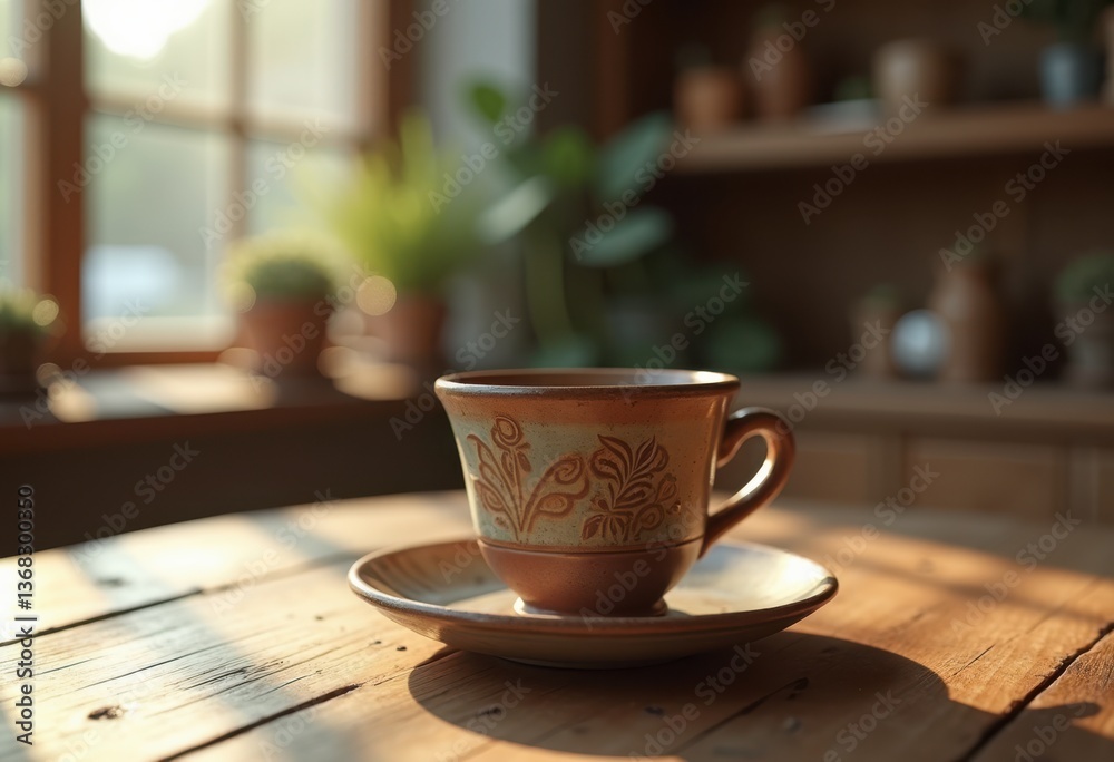 Fototapeta premium beautiful handcrafted ceramic coffee cup rustic wooden table close artisanal texture warmth organic design, textile, vintage, home, interior, coffeehouse, tea