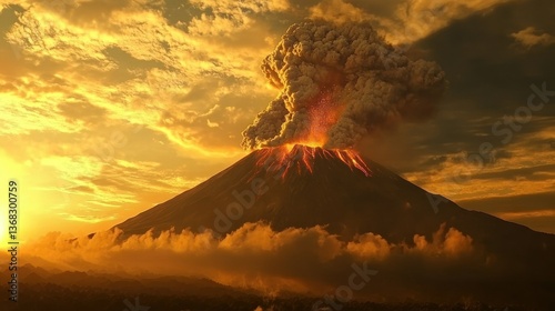An erupting volcano spews lava and ash into the golden atmosphere