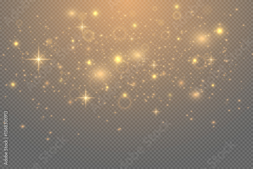 Magic sparkling gold and white dust. Christmas light effect, glitter, lights shine, amazing shimmer effect. Vector.