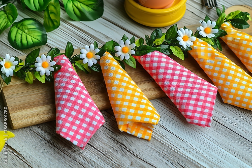 Obraz premium Festive Table Setting Checkered Napkins with Daisy Decor.
