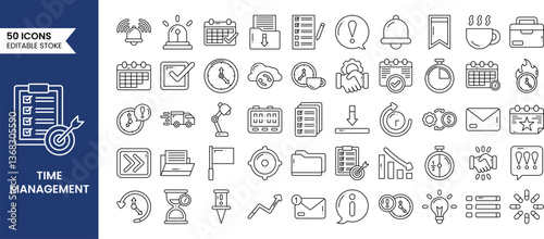 Time management icons set in line style. Containing schedule, to-do list, task, manage time, planner, calendar, reminder, timer, set priorities and more. Vector illustration