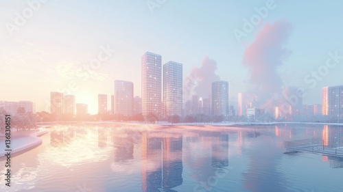 A serene cityscape at sunrise, featuring modern skyscrapers reflecting on calm waters with pastel hues and soft clouds in the sky.
