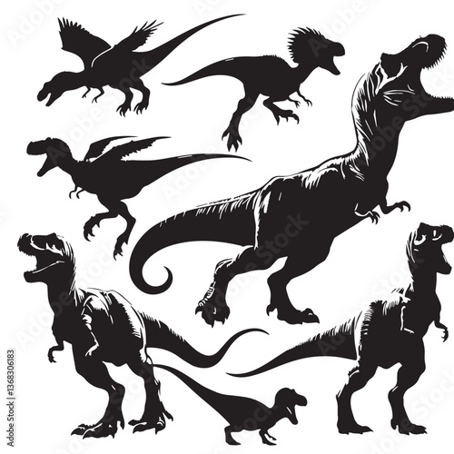 Black Color Tyrannosaurus rex Silhouette Vector Illustration, Solid White Background