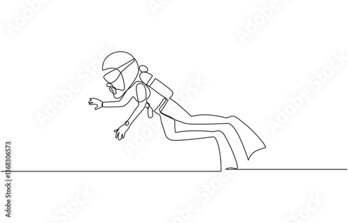 Continuous single one drawn scuba diver line underwater in the sea, Single continuous line drawing young sportive man do scuba diving into the deep sea ocean to explore sea life world.