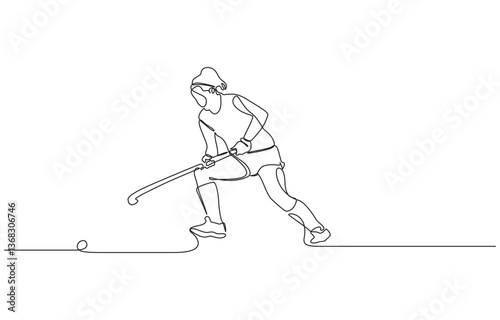 Minimalist vector illustration of a female field hockey athlete playing a match, One continuous line drawing of young professional ice hockey player exercising and practicing on ice rink stadium.