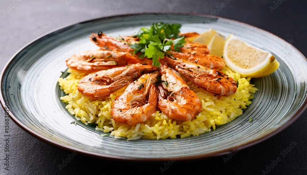Grilled shrimp served over yellow rice with lemon wedges and parsley. A delicious and visually appealing seafood dish ready to be enjoyed. Grilled shrimp served over yellow rice with lemon wedges and parsley. A delicious and visually appealing seafood dish ready to be enjoyed.
