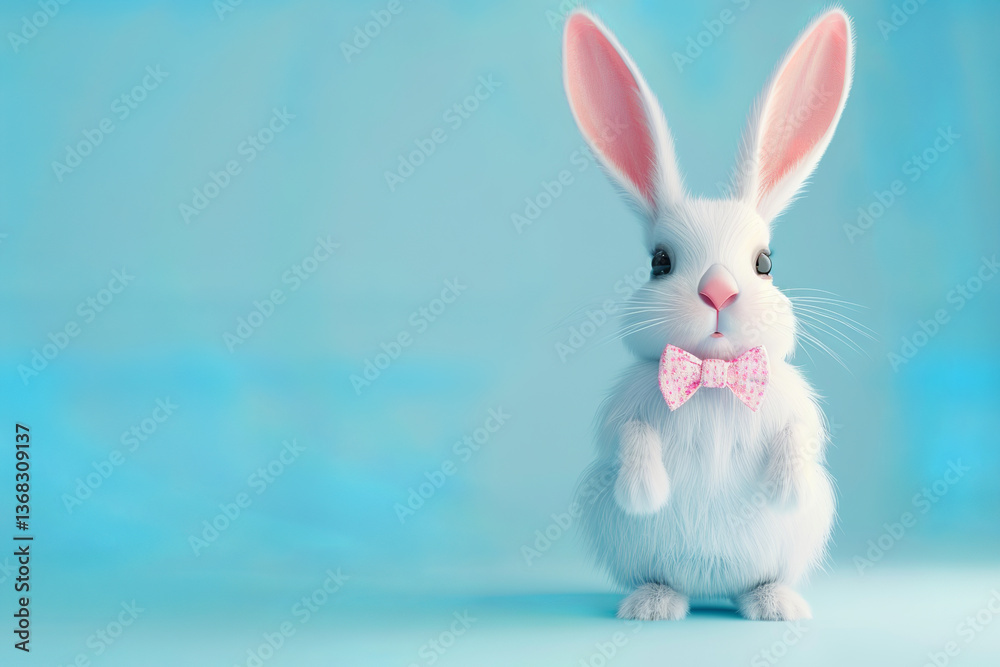 Fototapeta premium Front view of adorable white bunny with pink ears on blue background
