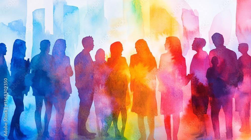 Obraz premium Business people standing and networking in a colorful cityscape