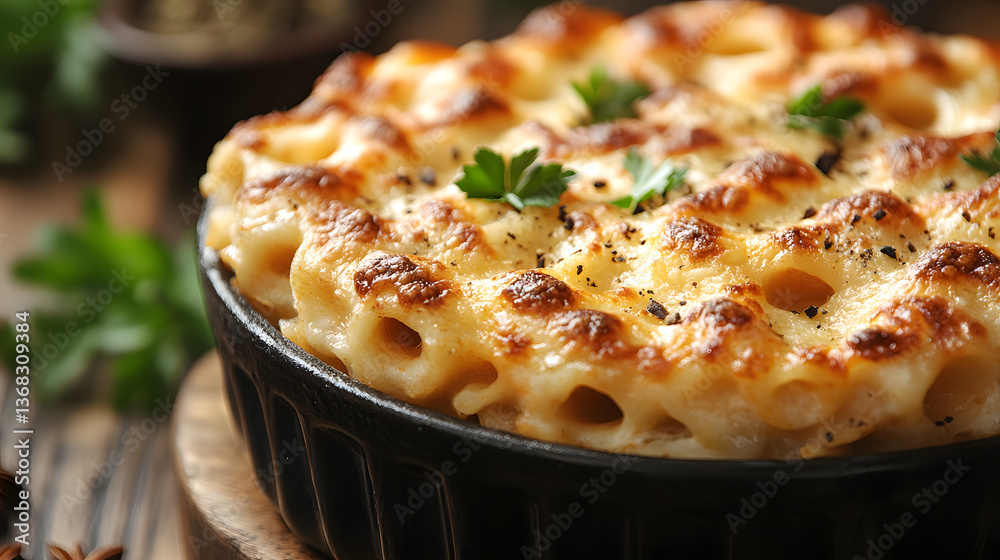 Delicious pasta dish with golden crust and parsley garnish baking in round pan Delicious pasta dish with golden crust and parsley garnish baking in round pan