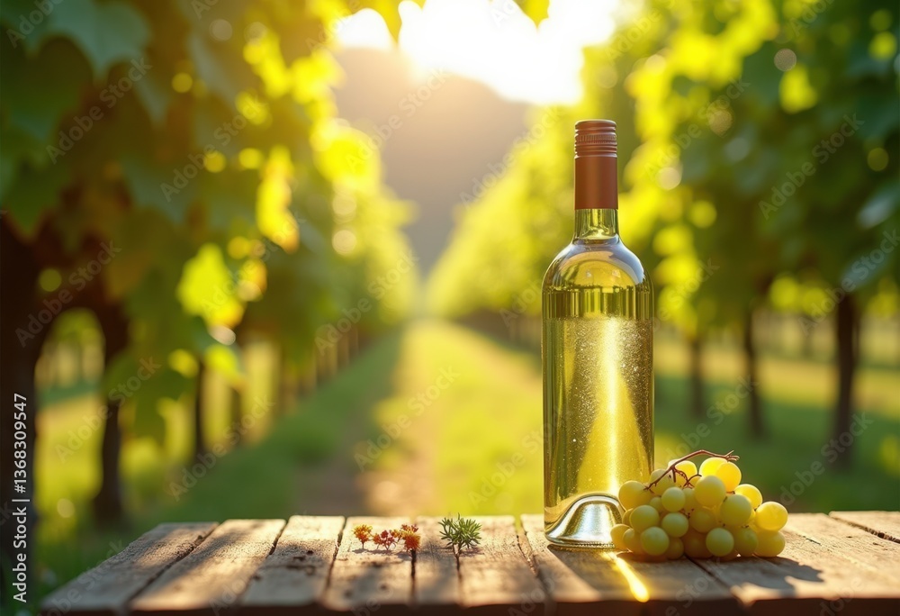 Fototapeta premium chilled bottle white wine surrounded lush vineyard background grapes nature atmosphere chill experience outdoor relaxation, glass, garden, sunset, landscape