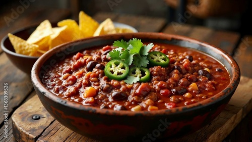 Enticing bowl of chili con carne garnished with jalapeños and cilantro on a rustic wooden table