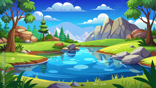 A playful cartoon scene where a tranquil pond reflects the blue sky, surrounded by grass and rocks