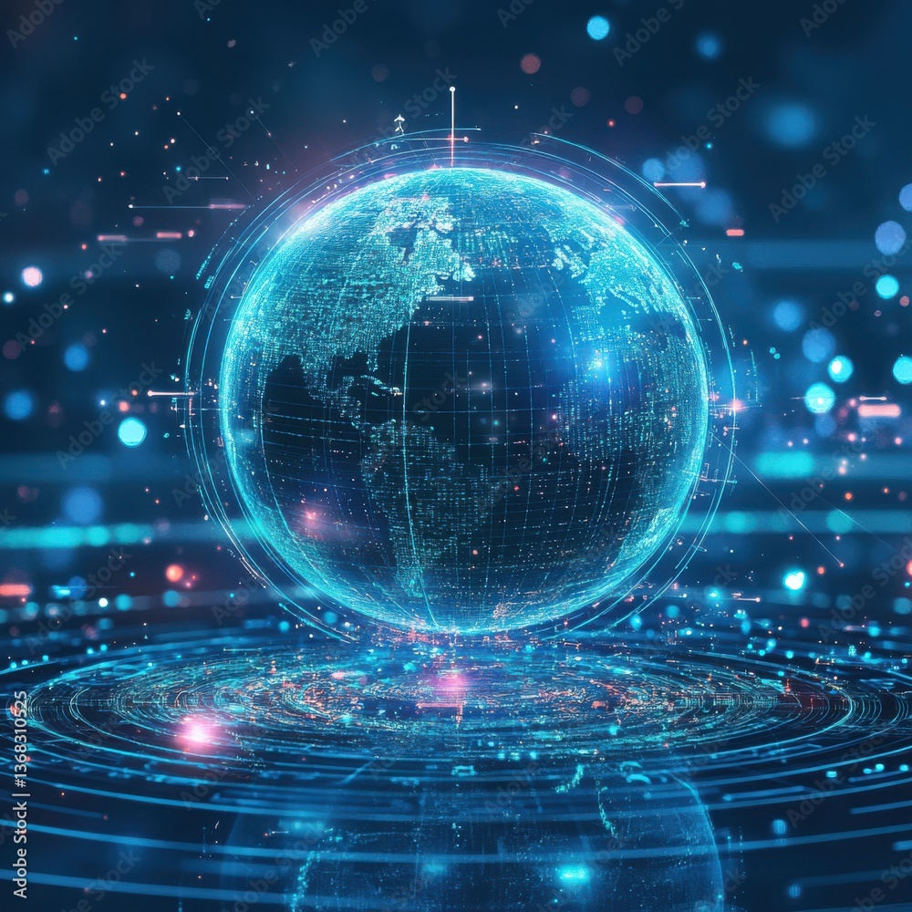 Obraz premium Glowing digital earth globe with network connections and abstract circular patterns around it