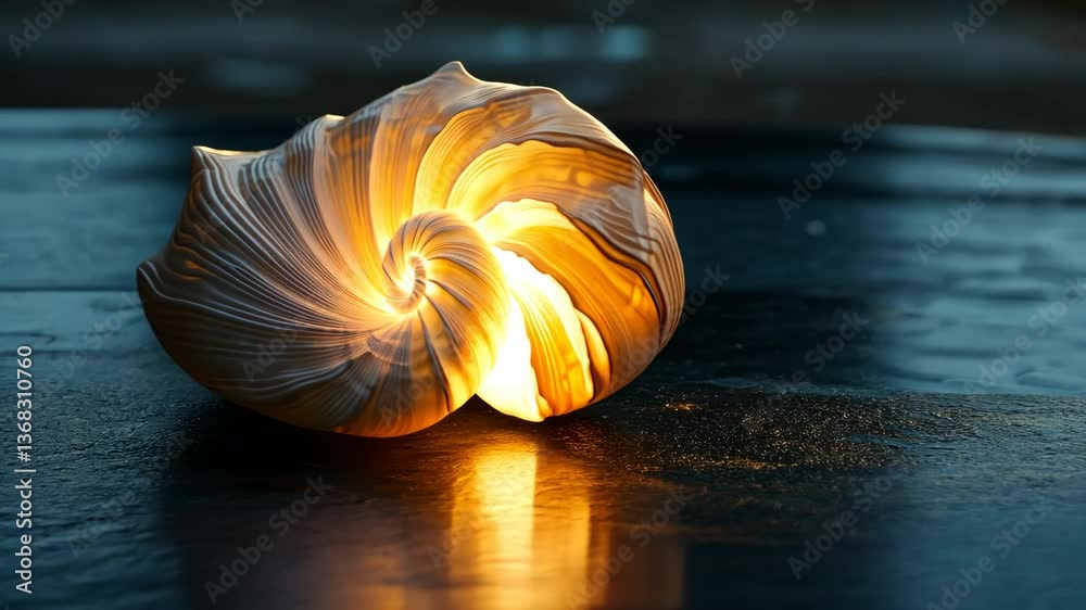 A glowing spiral seashell styled on a smooth black surface with focused light. background