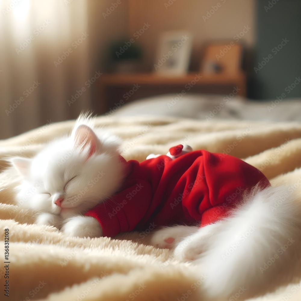 Obraz premium a kitten is sleeping soundly on a warm thick blanket