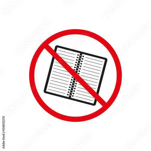 No notebook symbol. Spiral bound book icon. Prohibited sign illustration. Vector illustration.